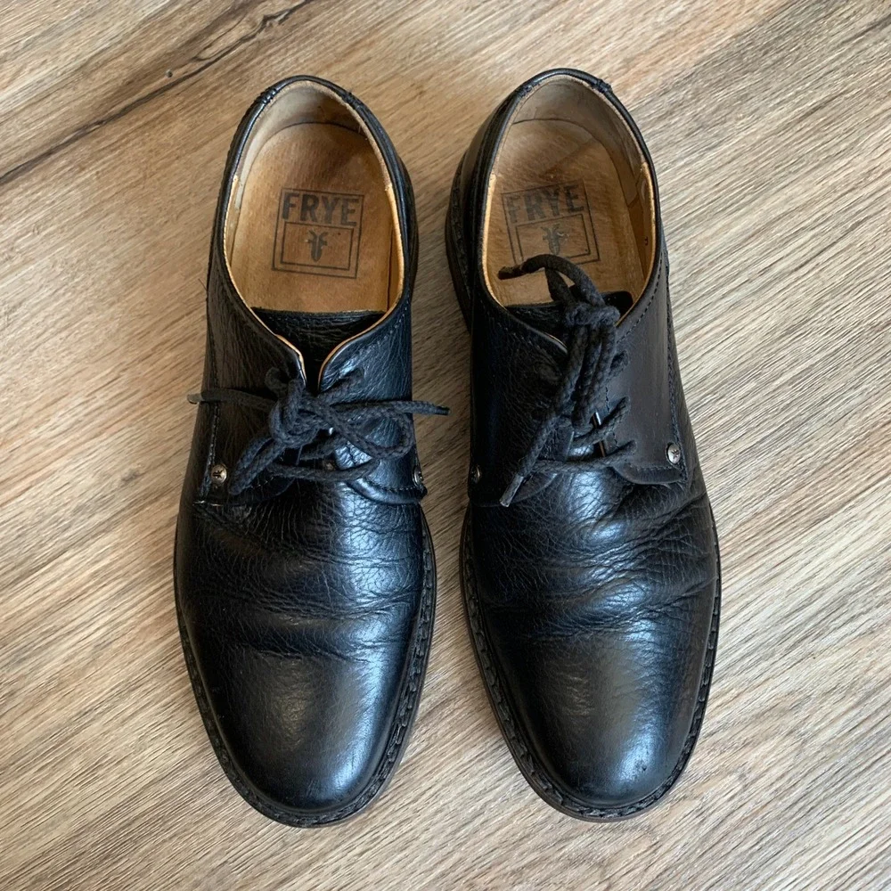 Frye James Lug Oxford Black Pebbled Leather Lace Up Dress Shoes - Mens 7